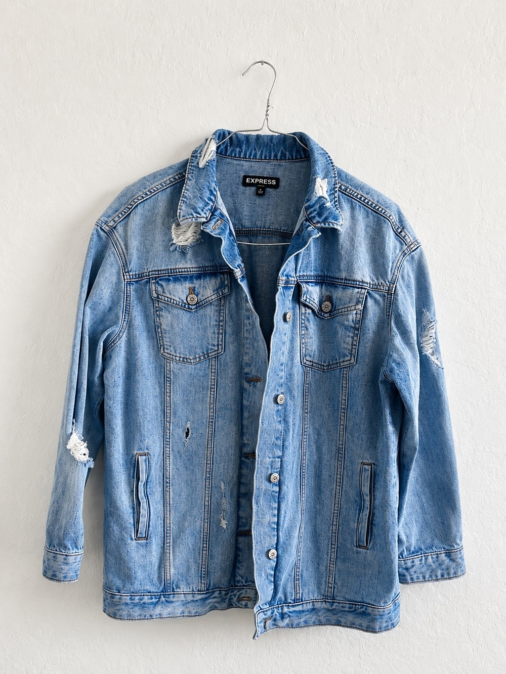 Express Light Blue Distressed Denim Jacket